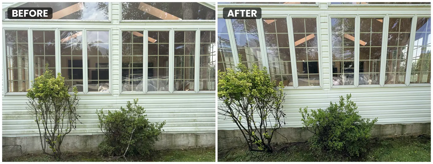 Vinyl siding and sunroom windows before and after a soft wash