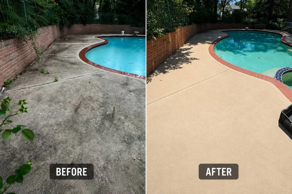 Concrete pool deck with a brick coping, before and after cleaning
